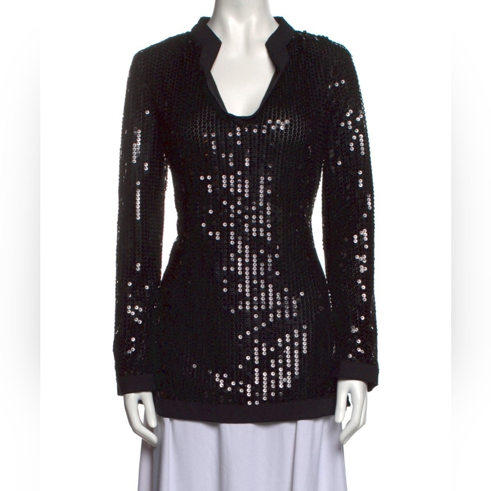 Tory Burch Black Sequin Long Sleeve Top